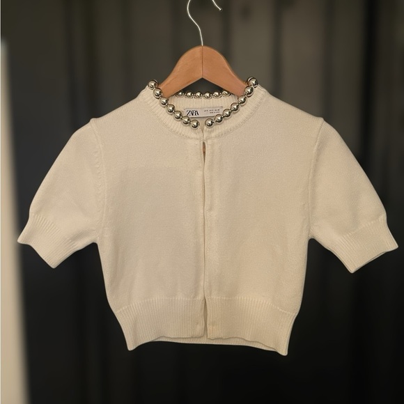Zara Woman White Beaded Crop Knit Jacket Short Sleeve Cardigan Blazer Size Small - Picture 10 of 10